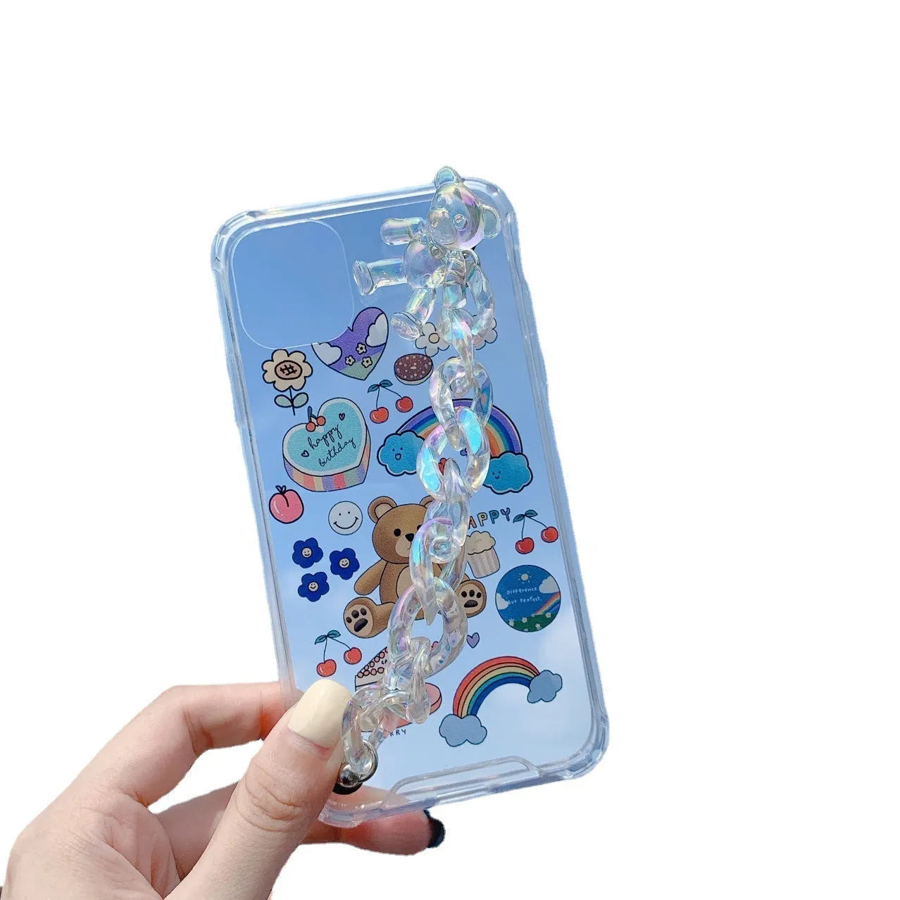Bear chain and pendant attached to a Japanese Korean cartoon style protective case for an iPhone.