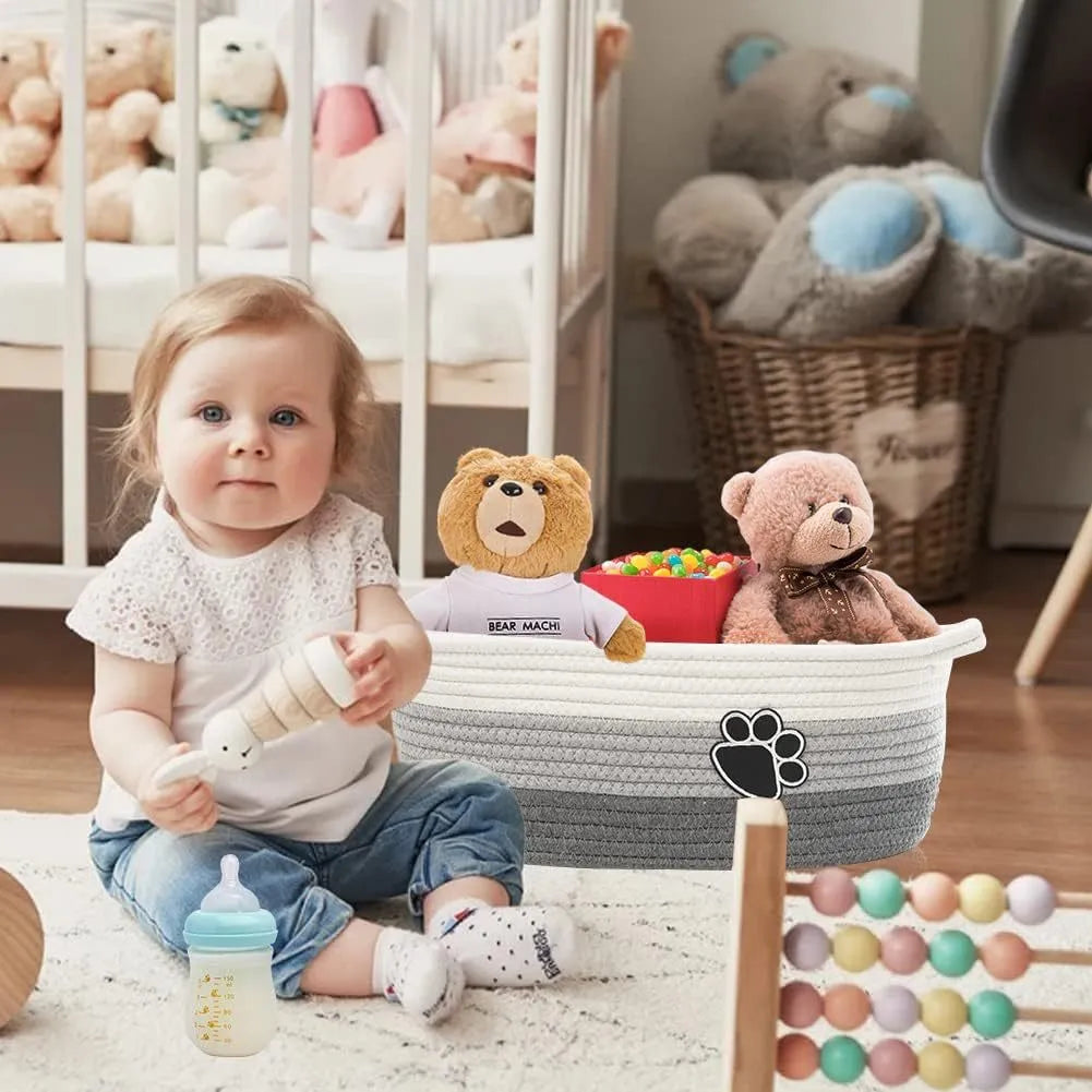 Handmade woven cotton rope storage basket with handle in light beige colour