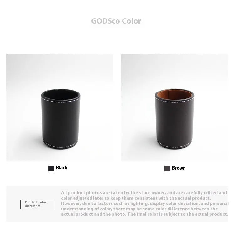 Black leather round pen container showing cylindrical shape for desk organisation
