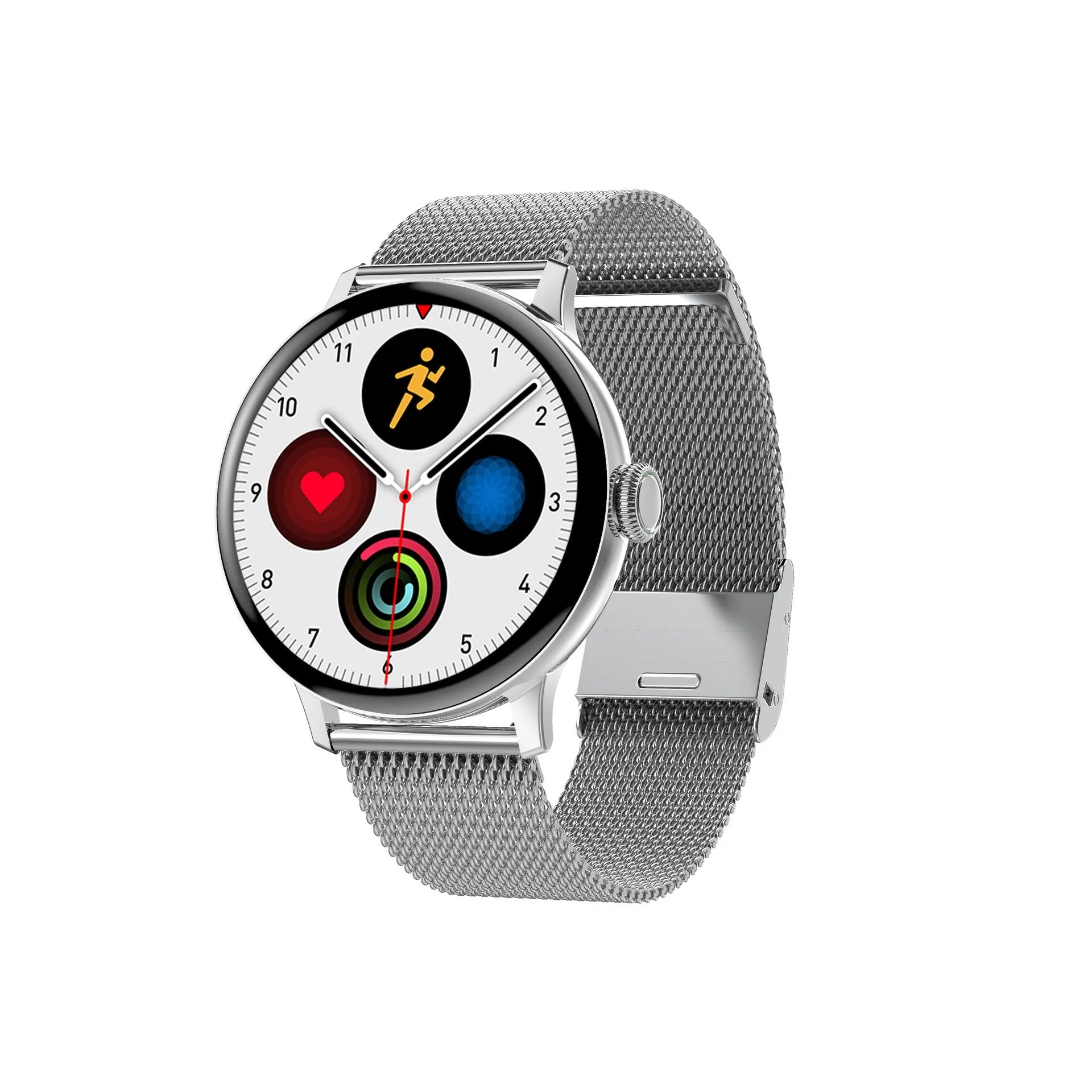 Bluetooth call smart bracelet with heart rate monitor on wrist, showing black steel and sports belt options