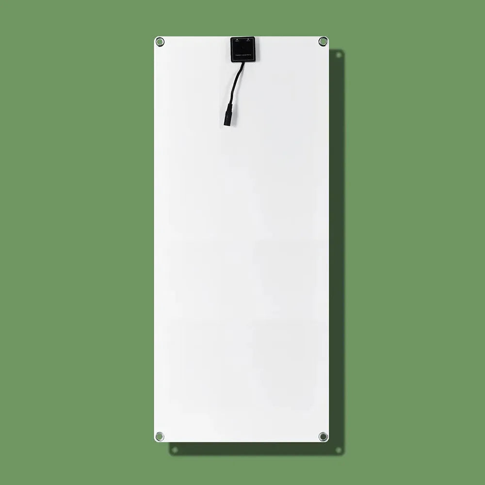 30W semi-flexible solar charging panel showing USB and DC output ports