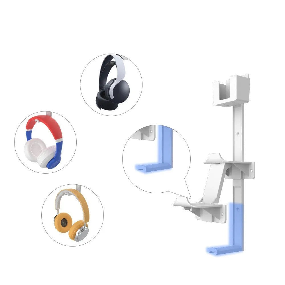 Wall-mounted white ABS plastic hook holding PS5 controller and gaming headset