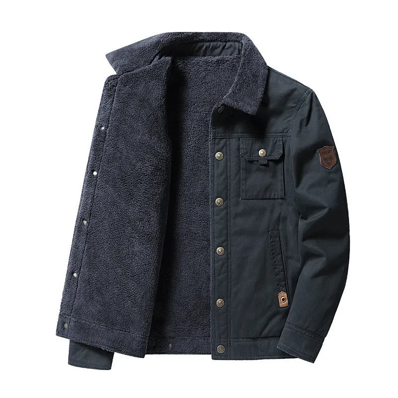 Men's fleece-lined cotton casual jacket with polo collar in khaki, regular fit, available in multiple sizes