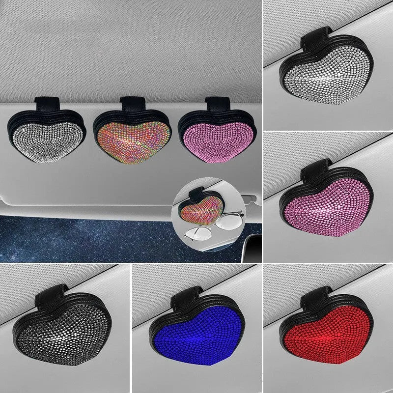 PU leather car sun visor clip with diamond pattern and magnetic closure, shown in multiple colour options.