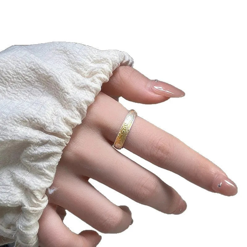 Open mouth geometric ring with Xiangyun pattern in silver gold electroplated finish on white copper