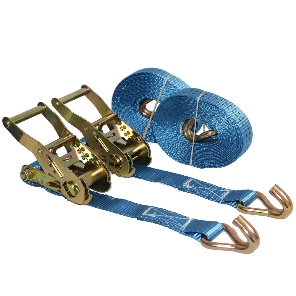 Double hook ratchet tensioner strap with steel mechanism and polyester webbing for cargo securing