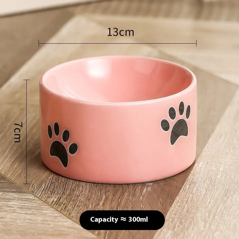 Ceramic cat bowl with neck protection design and cat's paw pattern in selected colour