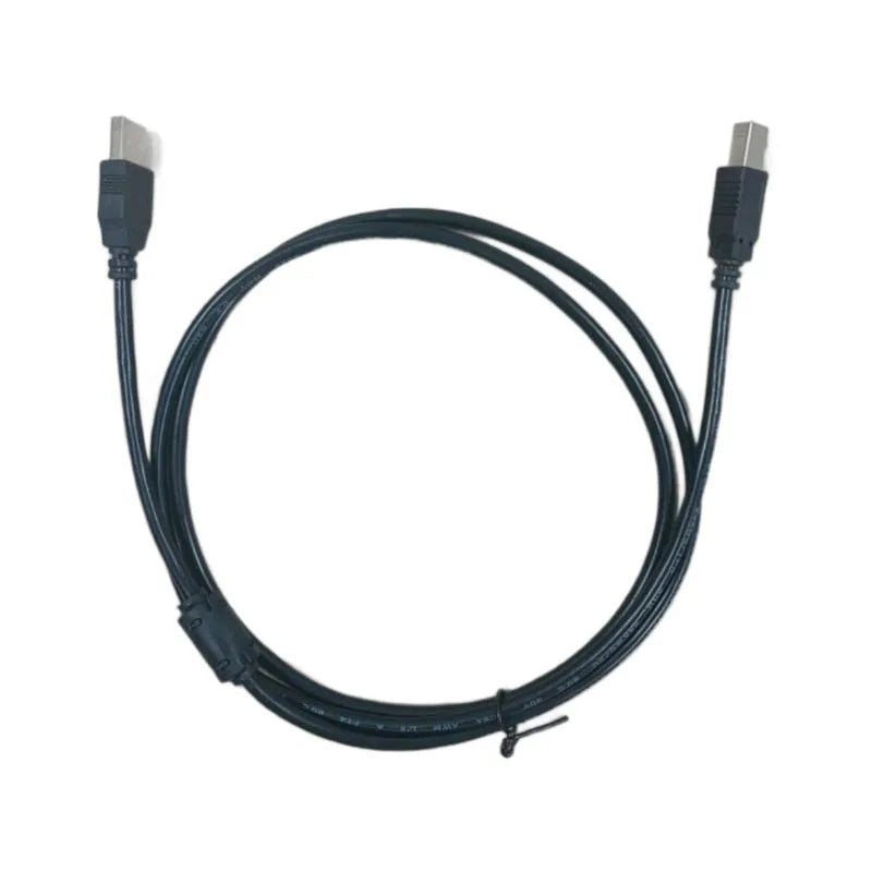 Black USB printer cable with pure copper core and square mouth nickel-plated interface on white background