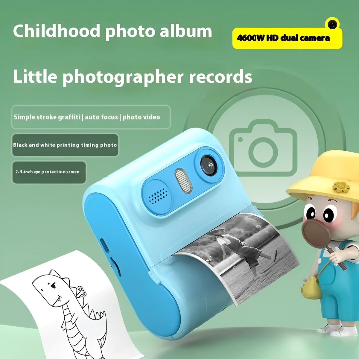 Children's instant thermal printing camera in pink with dual lenses, including lanyard and charging cable on white background
