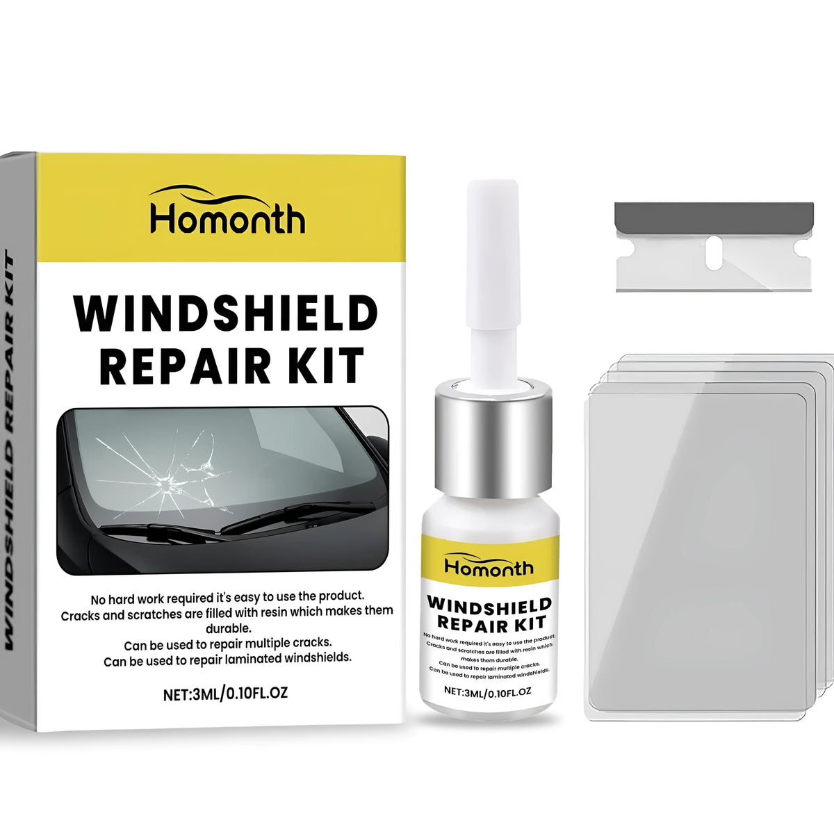3ml windshield repair kit with adhesive vial, blade, and five cured films