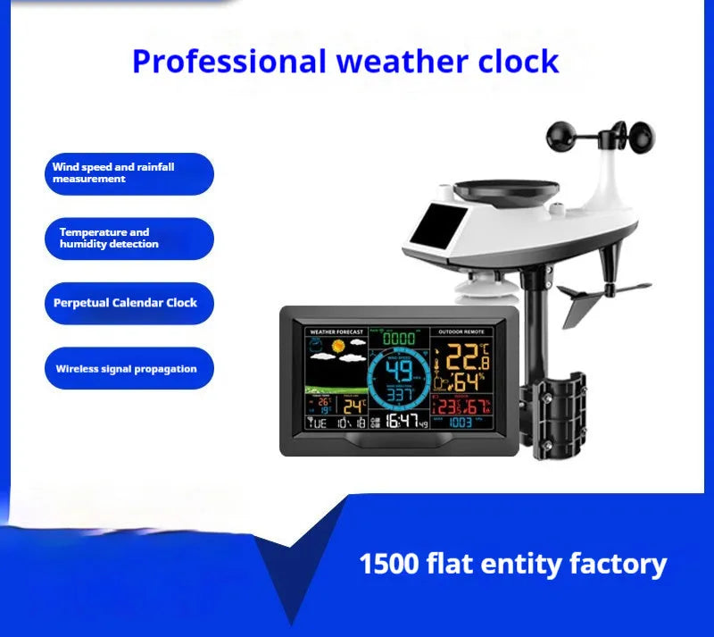 Multifunctional professional weather station with display showing temperature, humidity, wind speed, and rainfall data for indoor outdoor use