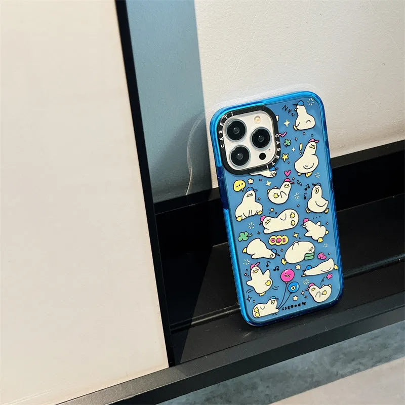 Little Duck creative phone case in green flash acrylic finish, drop-resistant PC hard case for Apple iPhone, cartoon duck design
