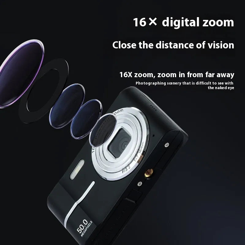 Compact HD 4K digital camera in black, green, pink, or white with full HD screen.
