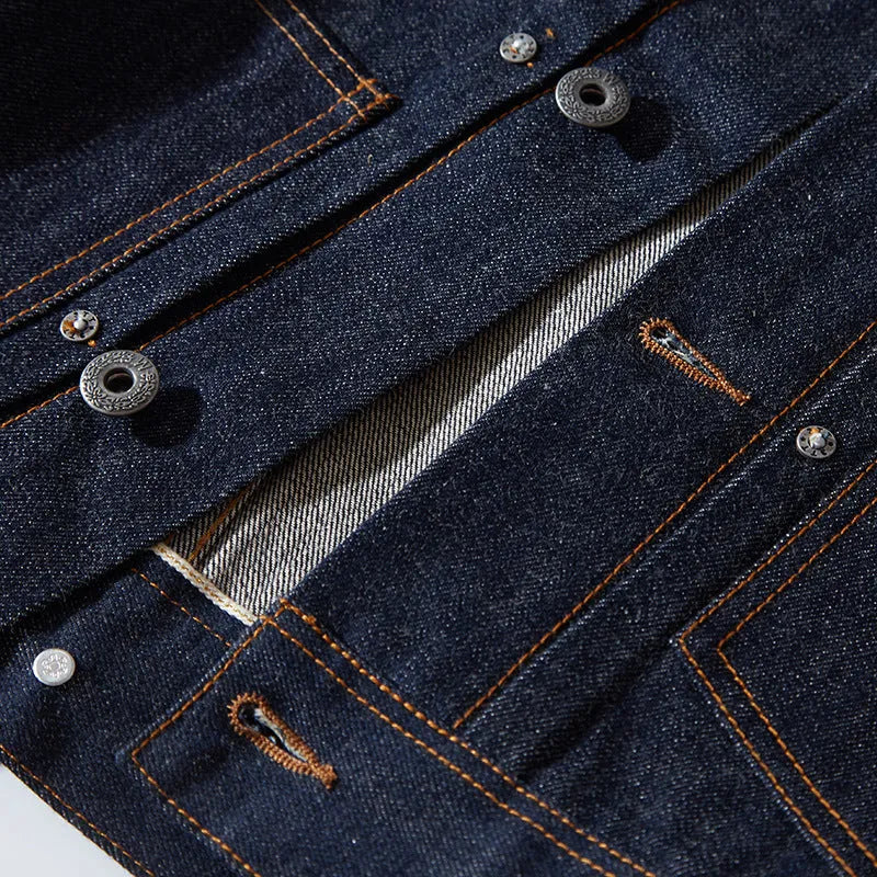 Men's raw pulp coloured loose cotton jacket with red edge trim and patch pockets.