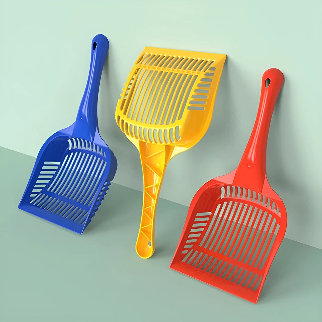 PP plastic cat litter scoop in blue, red, or yellow colours showing small and medium size options