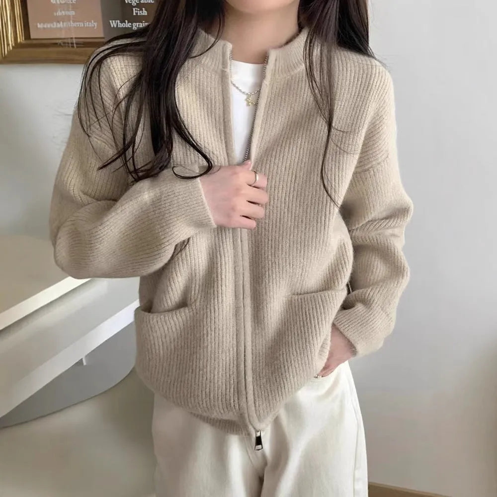 Soft wind glutinous sweater coat cardigan in beige colour, shown as a long-sleeve casual knitwear layer.