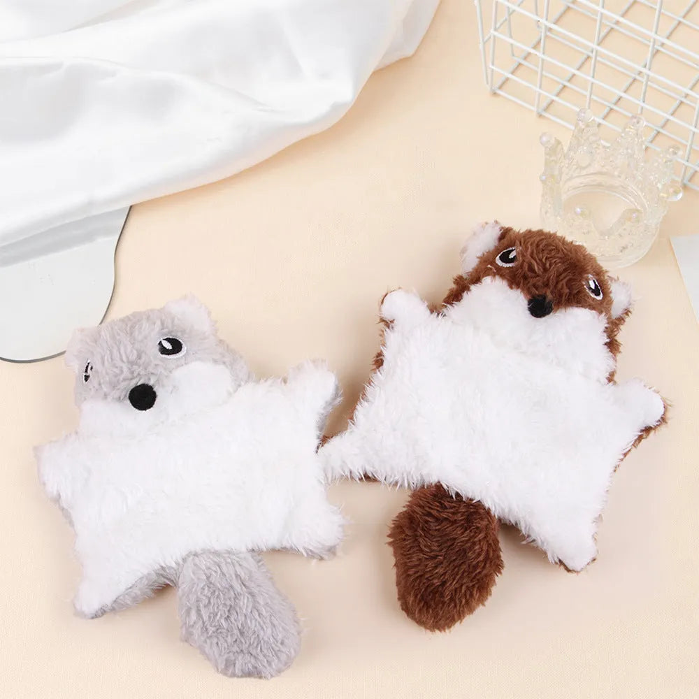 Plush flying squirrel cat teaser toy with ringing paper sound in brown and grey colours
