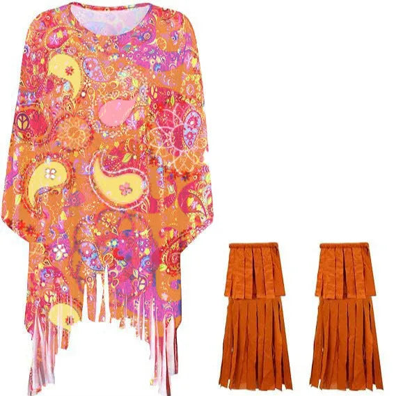 Adult model wearing a vibrant tie dye printed cloak costume with bell sleeves, showcasing the pink colour option.