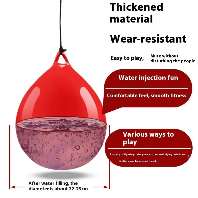 Red water-filled PVC boxing reaction ball with hook rope attachment for martial arts training
