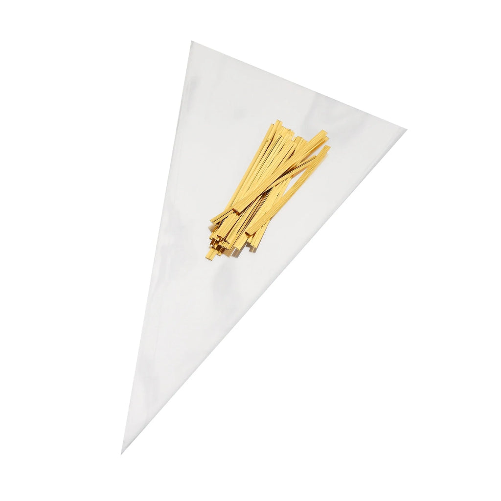 Clear plastic triangle-shaped packaging bag with a silver tie wire closure.