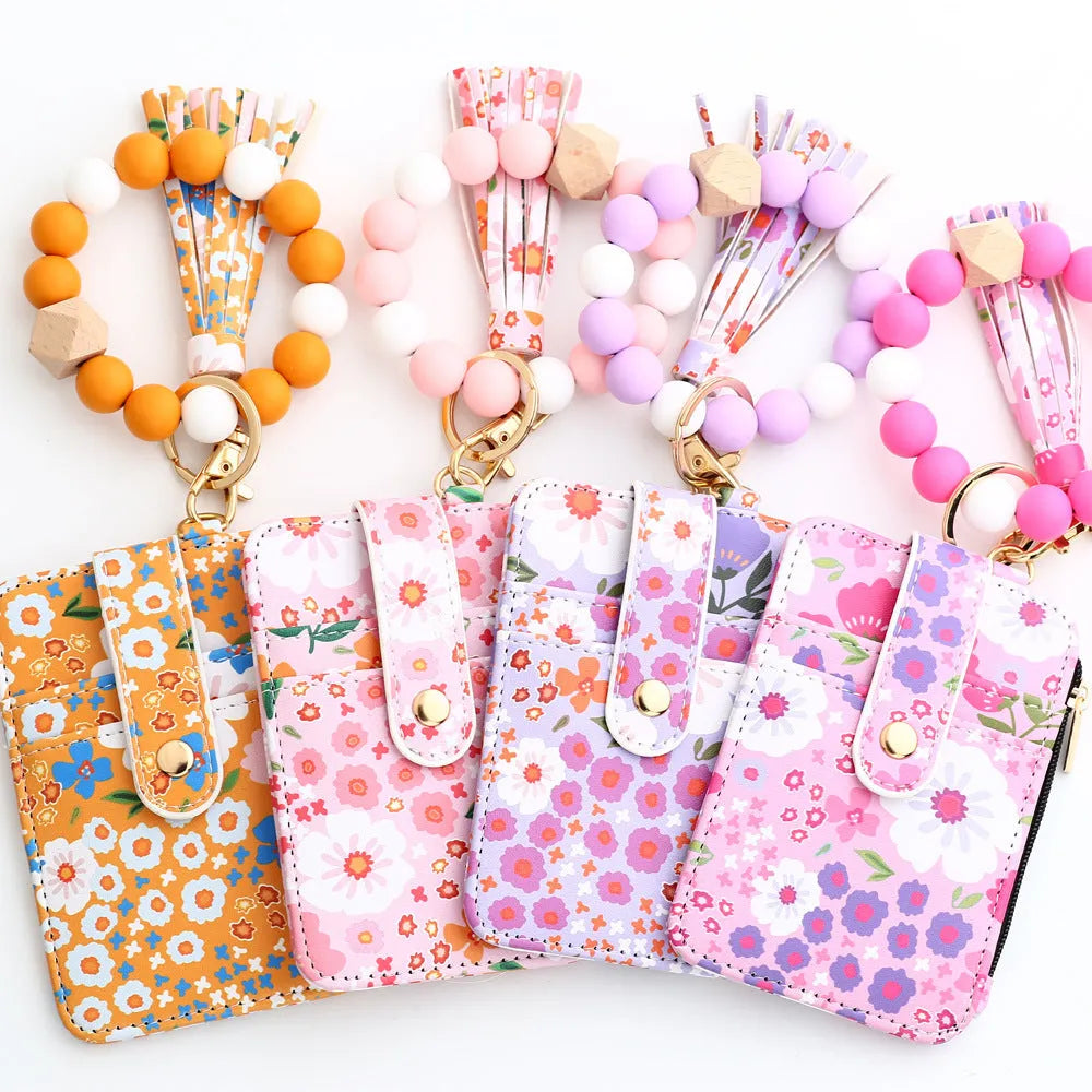 Women's floral print leather card bag in light pink, slim design, nine colour options