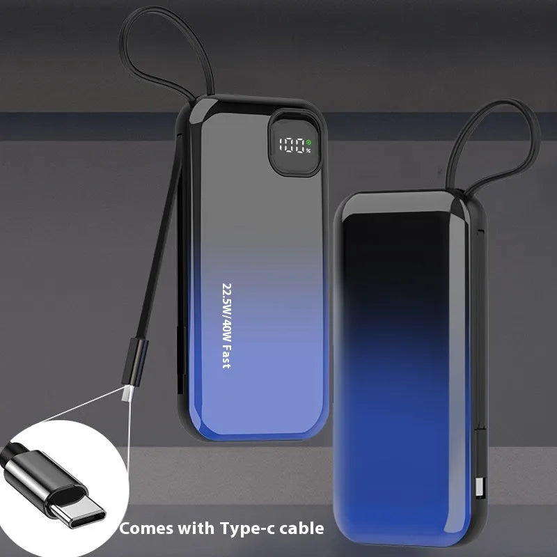 Black portable power bank with integrated charging cable showing compact industrial design