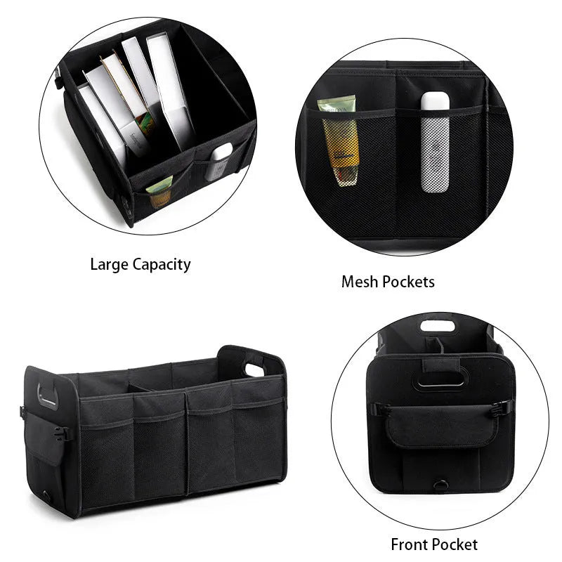 Foldable multi-compartment car trunk storage box with handle in black colour