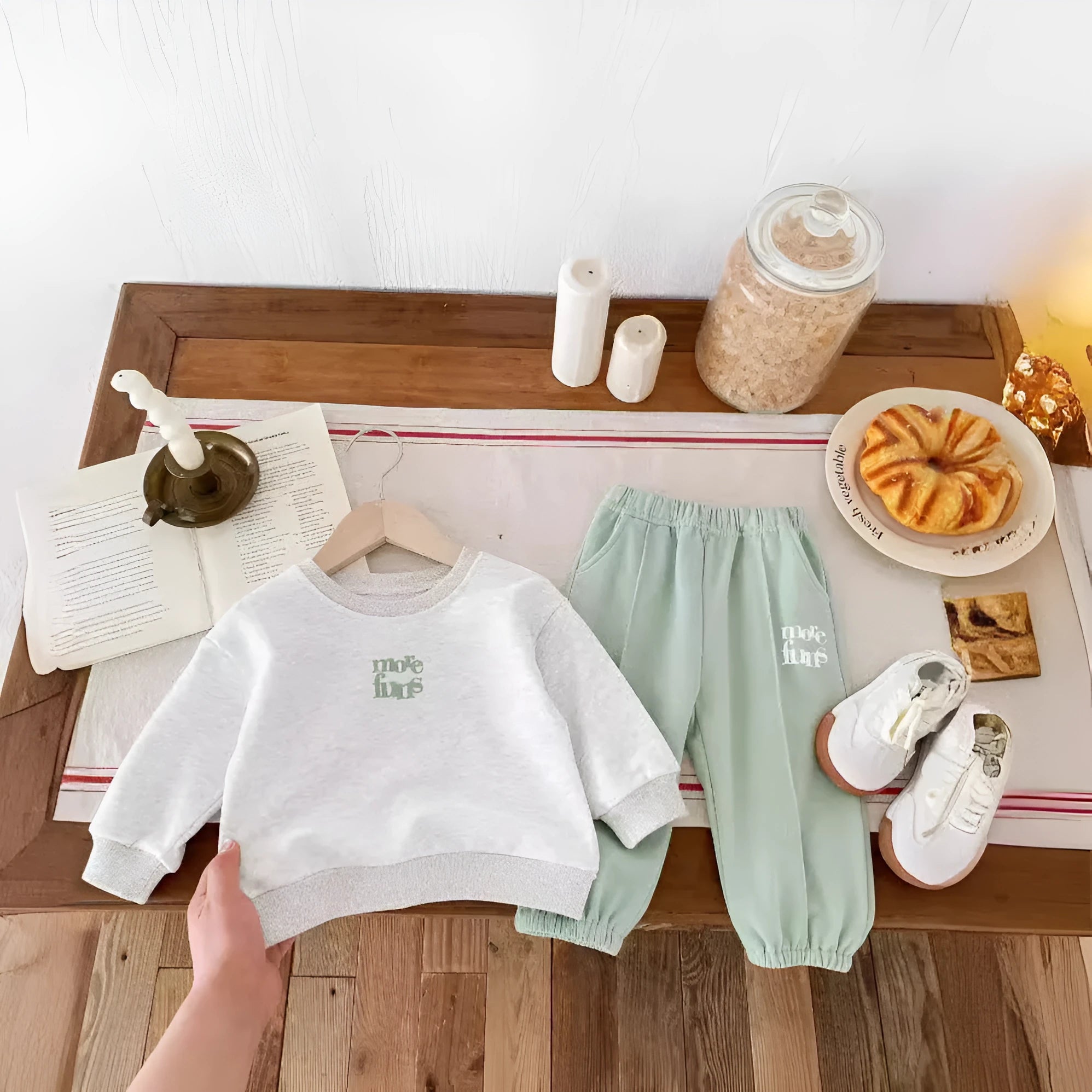 Cotton children's sports suit set with lettered sweater and ankle banded pants in Flower Gray colour