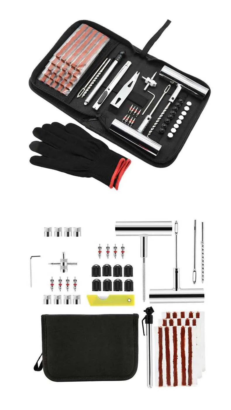 Tyre repair kit first aid set with 45 steel tools in cloth storage bag