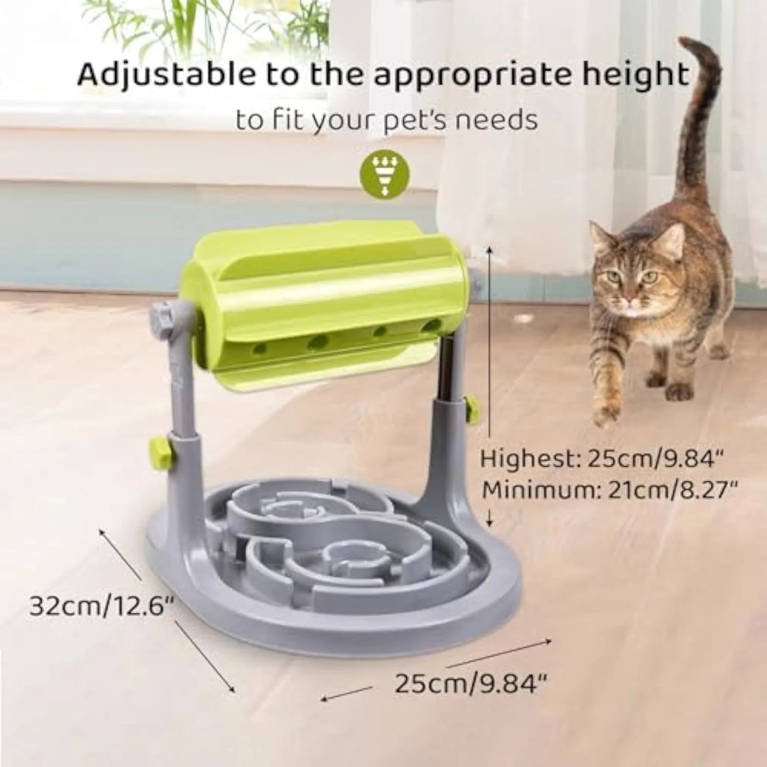 Interactive pet food puzzle slow feeder in blue, green, or pink with adjustable height settings