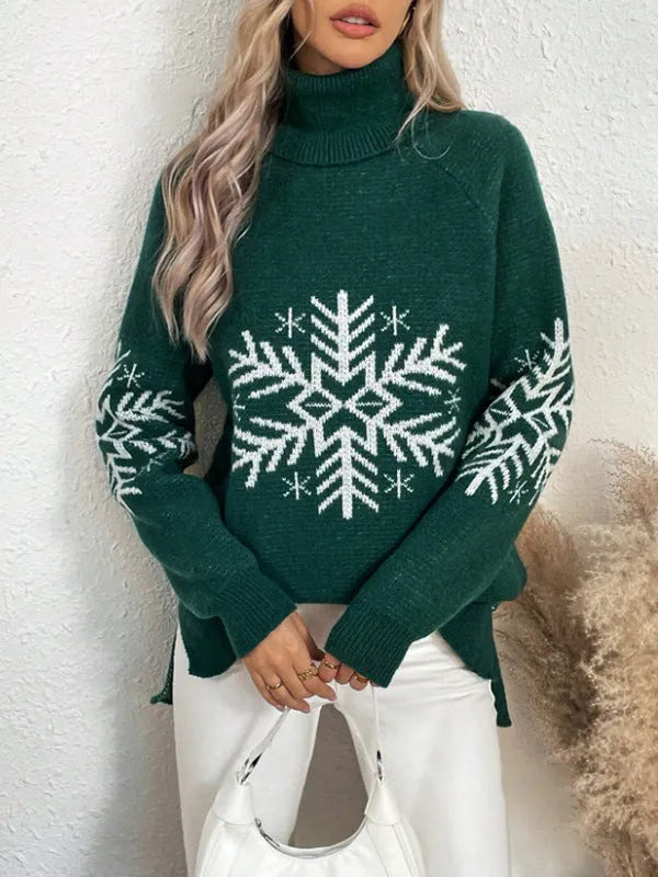 Women's high collar jacquard knit pullover sweater with plants and flowers pattern, medium length 65cm
