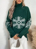 Women's high collar jacquard knit pullover sweater with plants and flowers pattern, medium length 65cm