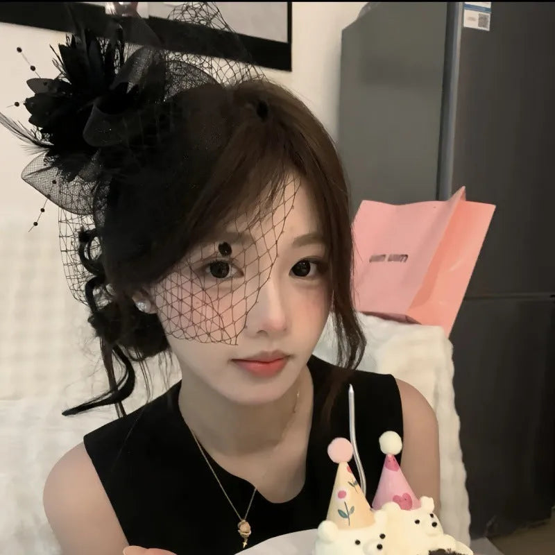 French retro feather headdress flower in mesh, shown in pink, white, or black for dinner socialite gatherings.
