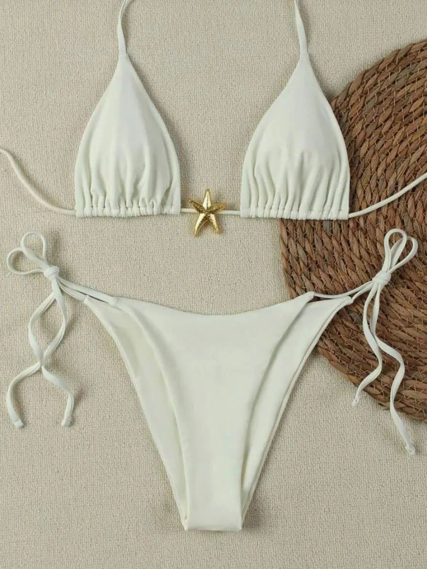 Milky white women's pure colour nylon bikini set with briefs style bottom on display