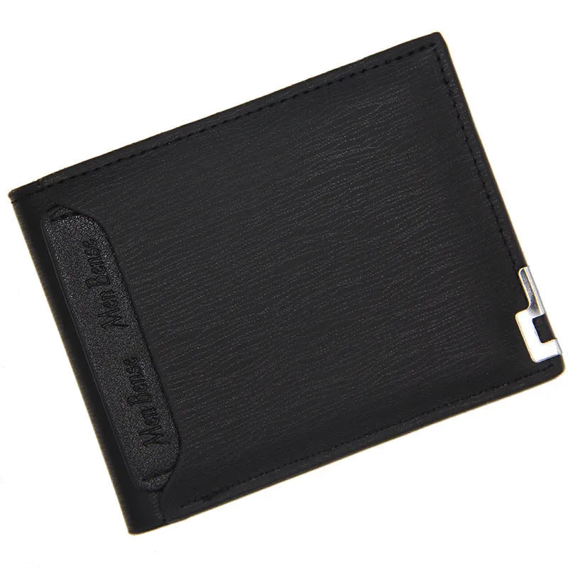 Men's black PU leather short wallet with iron-edge card-picking feature, shown with cards and coins.