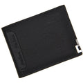 Men's black PU leather short wallet with iron-edge card-picking feature, shown with cards and coins.