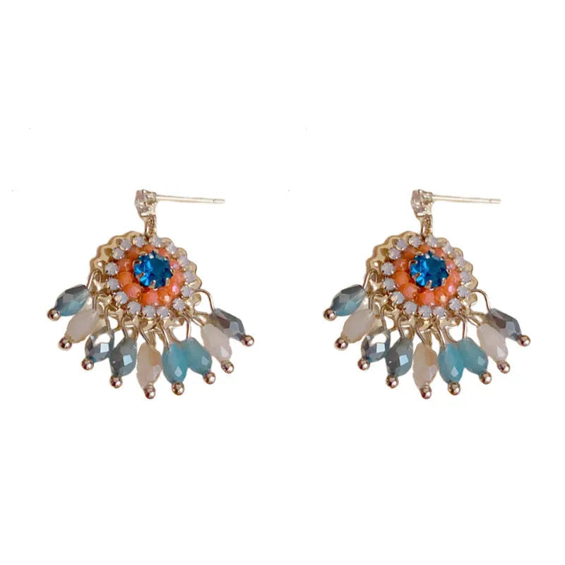 Purple diamond round crystal tassel earrings with thick gold-plated geometric design