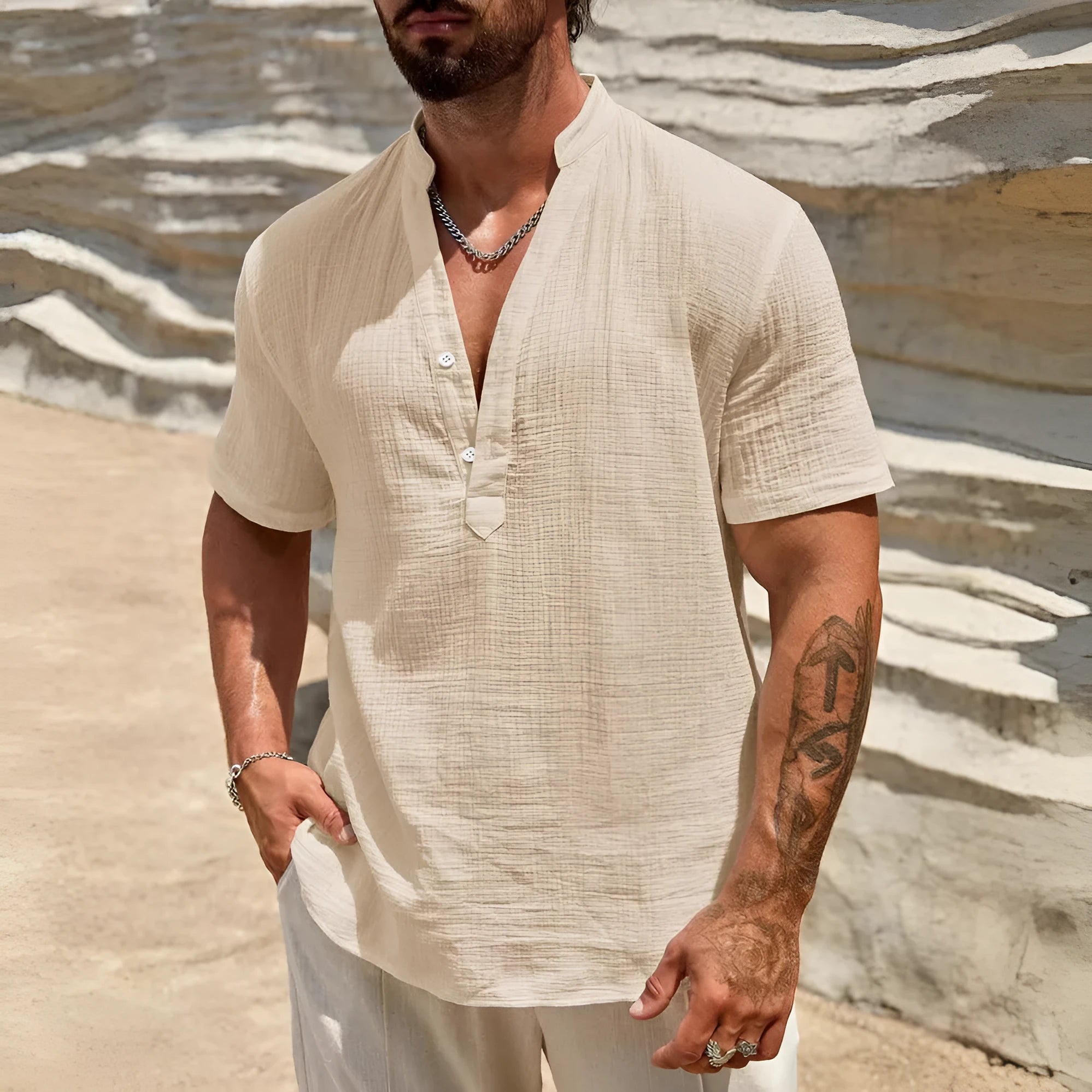 Men's solid colour short-sleeve shirt with a stand collar in a lightweight fabric.