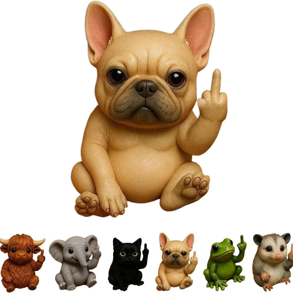 Mini resin animal doll with a middle finger gesture, shown in various animal styles like cat, dog, and turtle.