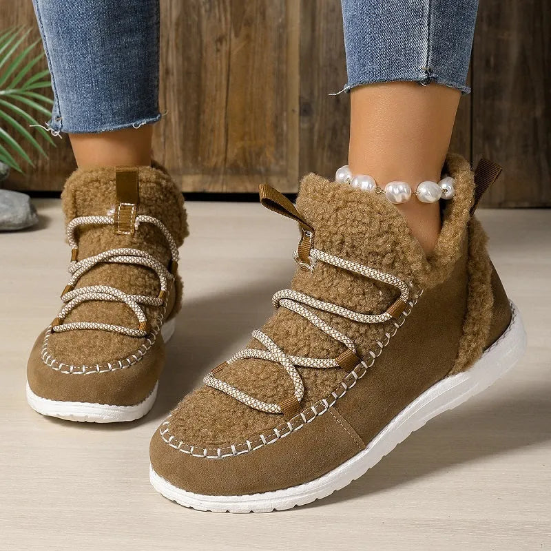 Women's mid-top snow boots in beige, black, and dark brown with cotton upper and PU sole