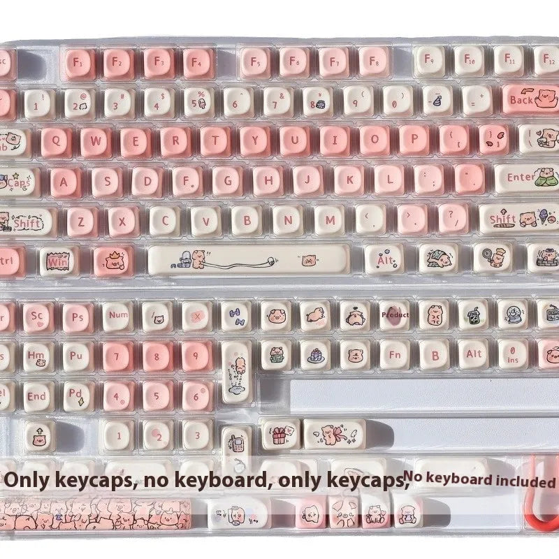 Pink PBT mechanical keyboard key cap with a detailed fragrant pig character design on all sides.