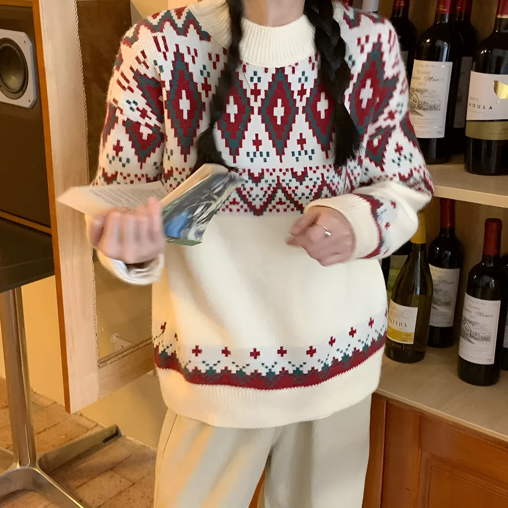 Loose retro striped pullover knitted top in red or white colour with long sleeves.