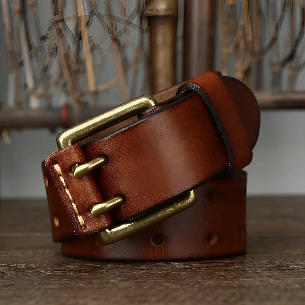 Men's first layer cowhide belt with vintage brass pin buckle, 3.8cm wide, 4mm thick, antique finish