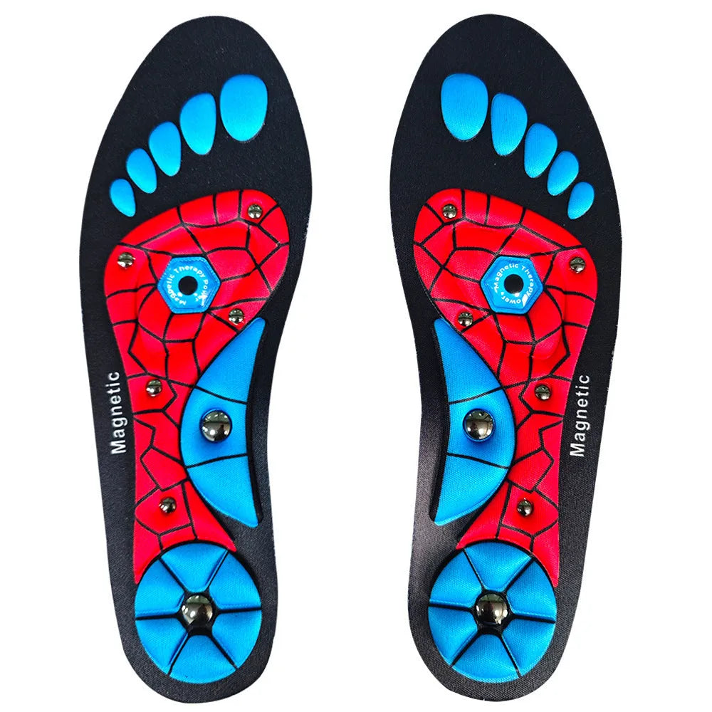 Breathable EVA health care insoles for men and women in black, blue, and red, sizes S, M, L