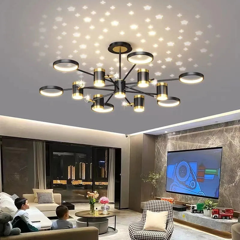 Black 13-head iron pendant chandelier with remote control on a ceiling.
