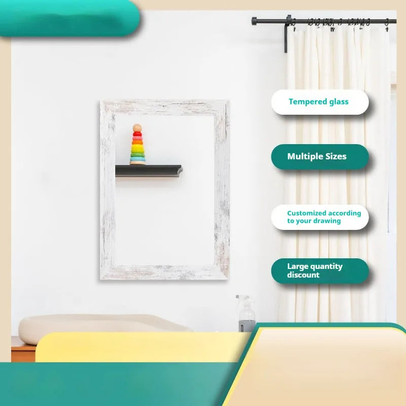 Wall-mounted retro Chinese style dressing mirror in little white colour, shown in bathroom setting