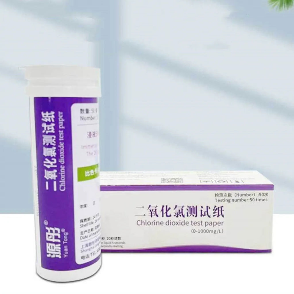 Bottle of 50 chlorine dioxide test papers for 0-1000mg/L waste water concentration detection.