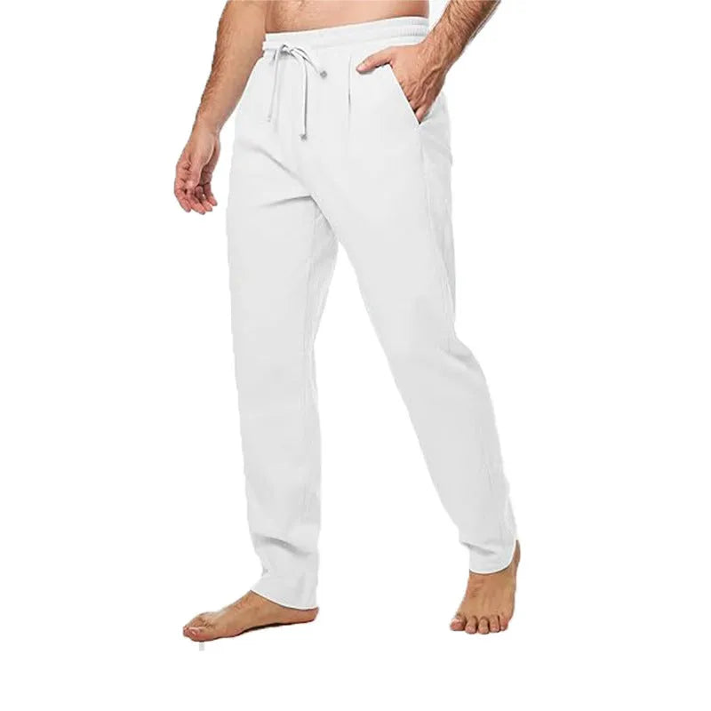 Men's cotton and linen loose straight trousers in khaki with drawstring waist and belt
