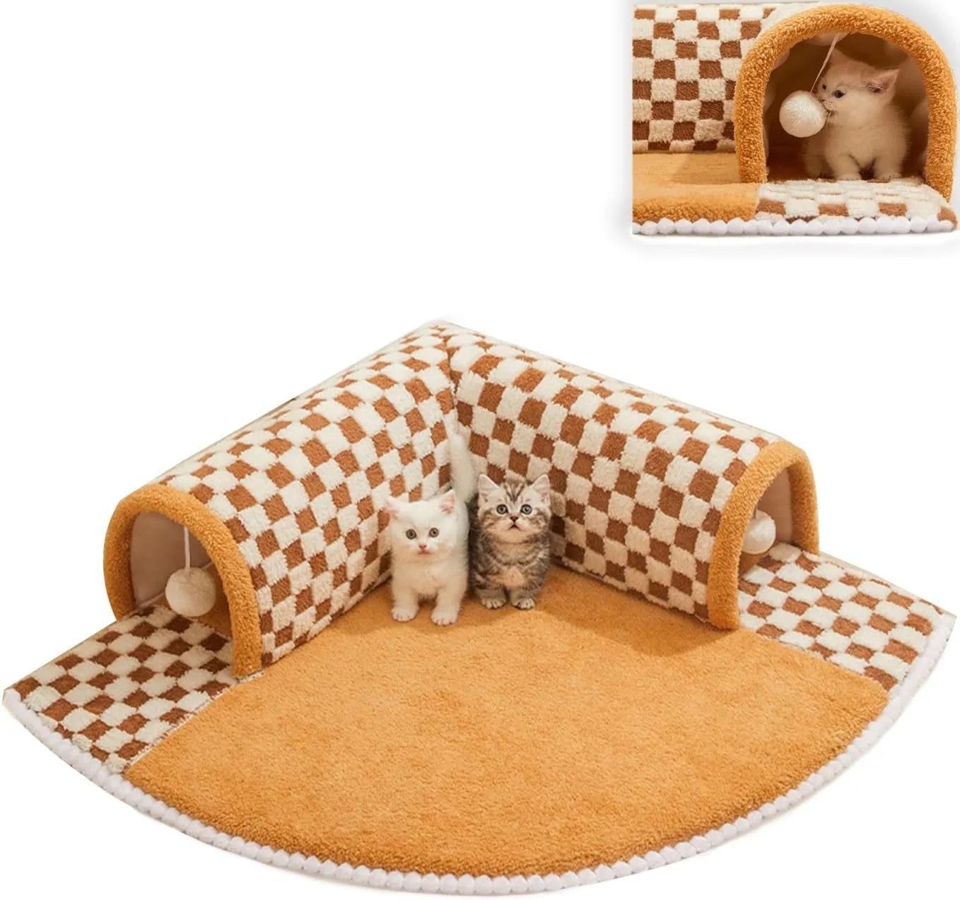 Brown plaid cat tunnel bed with central mat showing collapsible tunnel design