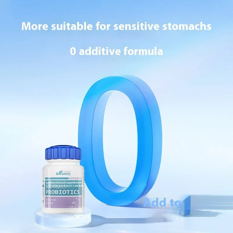 Bottle of 180 beef-flavoured probiotic tablets for pet digestive health.